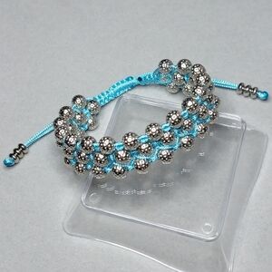 Light Blue Woven Textured Silver Beaded Adjustable Bracelet